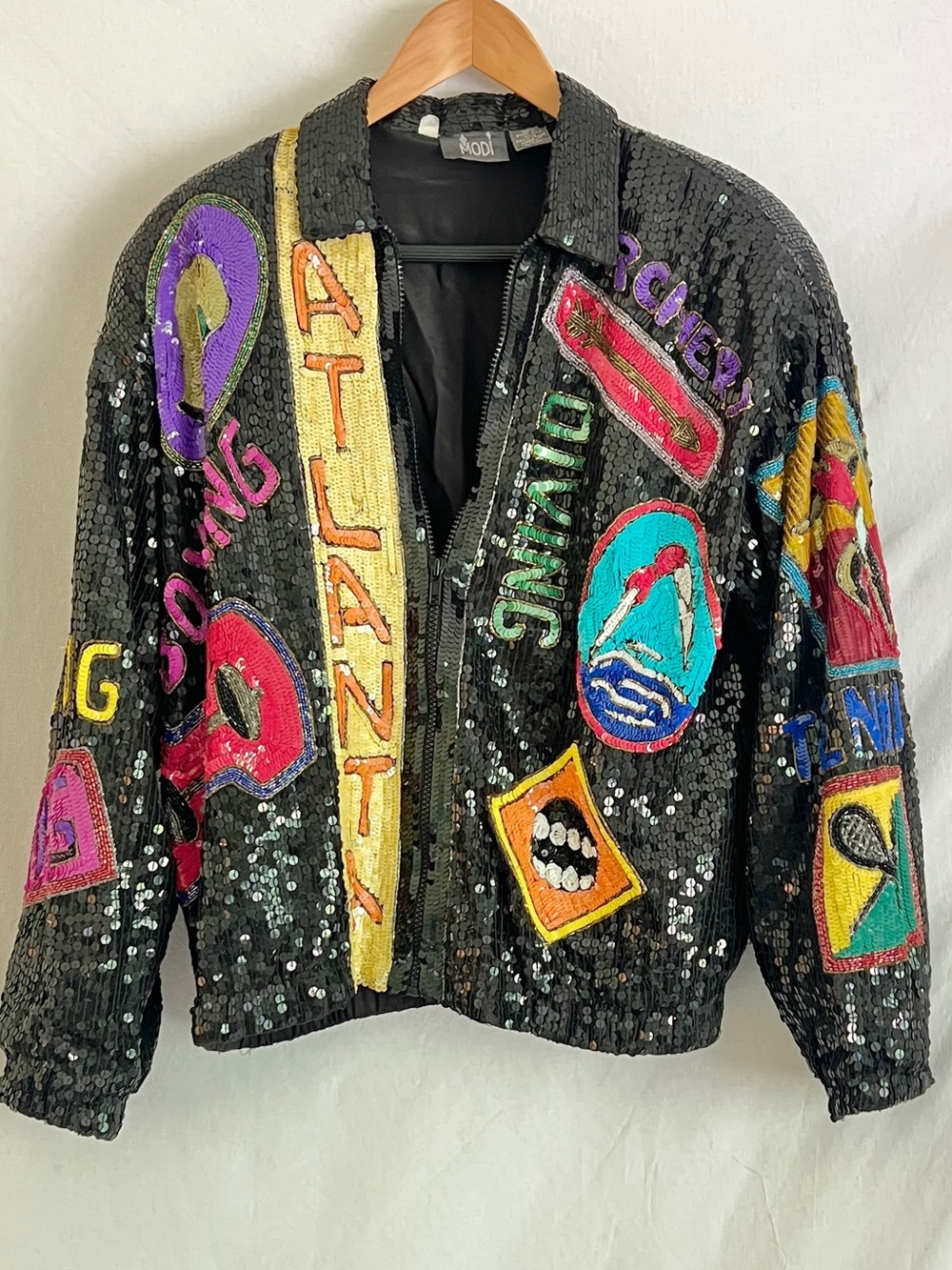 Vintage 90s MODI Sequin Beaded Bomber Jacket Black Multicolor Statement Sports